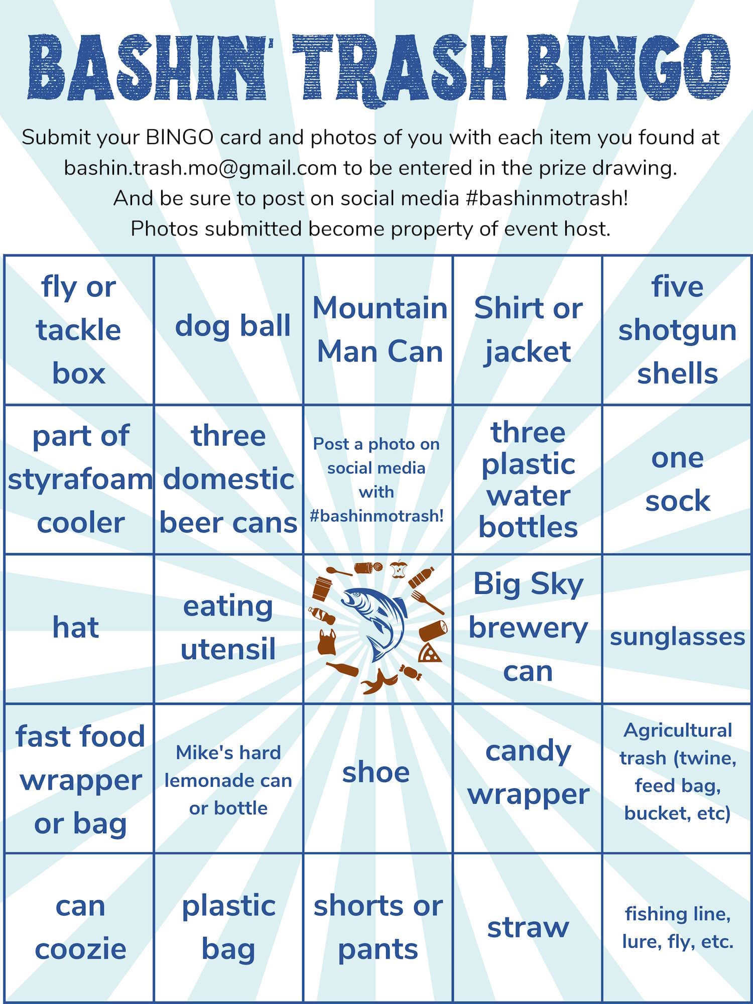 Bashin' Trash Bingo card listing common river trash items